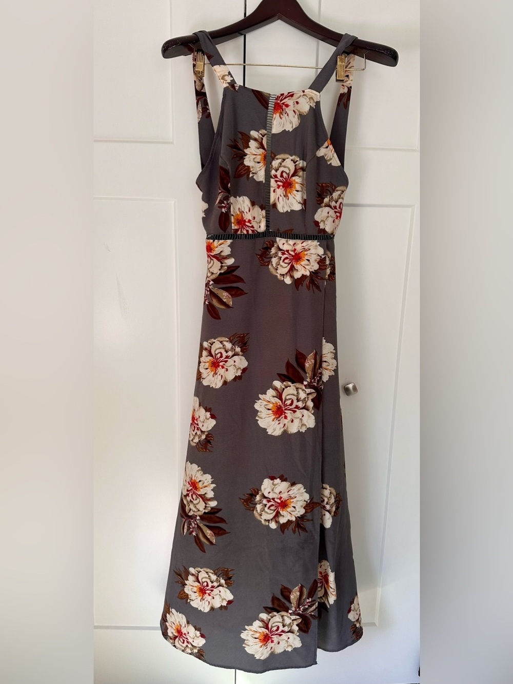 Gray Floral Sleeveless Maxi Dress plunge back with White Blooms
